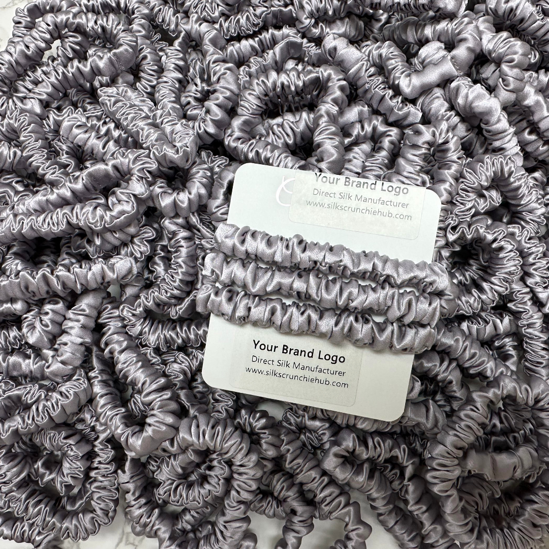 Grey Purple Skinny Silk Scrunchie custom wholesale, custom brand low MOQ, 1 piece wholesale
