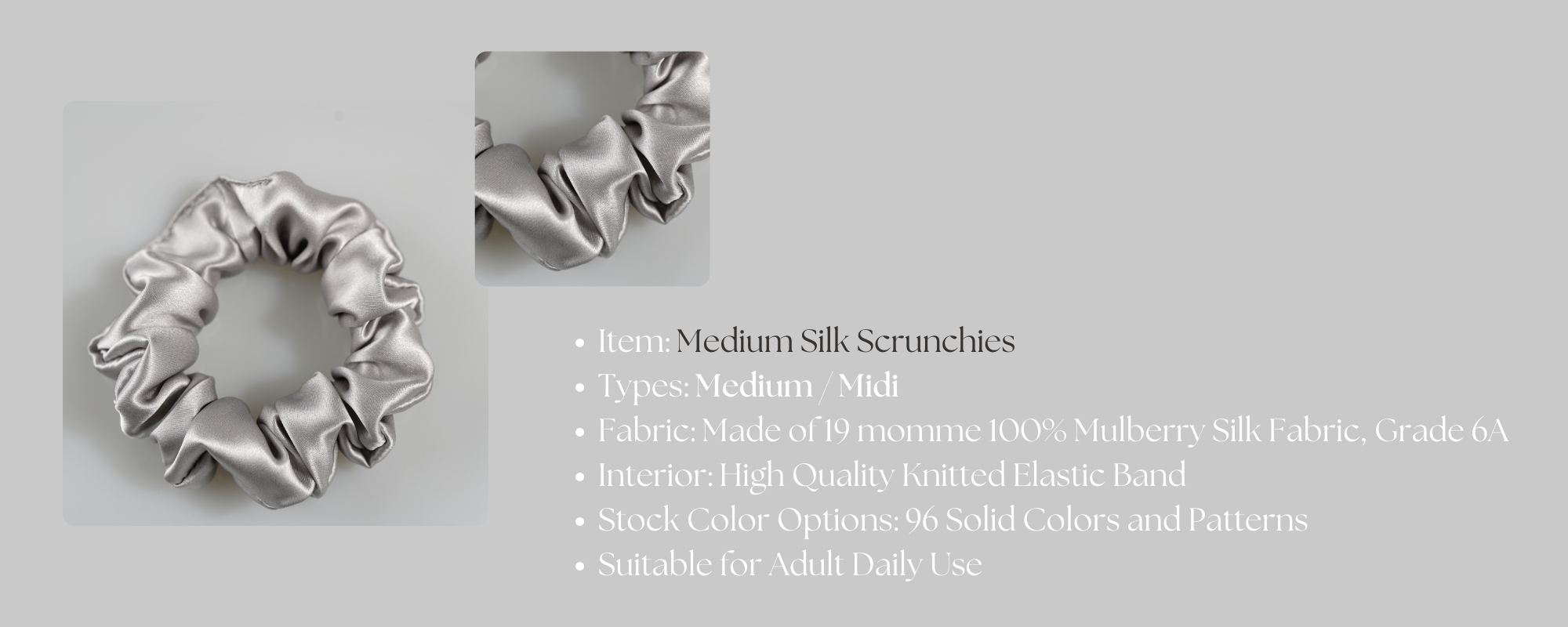 pure mulberry silk hair scrunchies medium custom wholesale - custom brand logo low MOQ, 1 piece wholesale