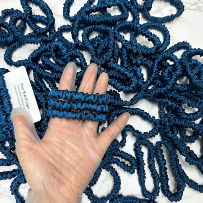 Deep Peacock Blue  Skinny Silk Scrunchie in stock, wholesale silk scrunchie from 1 piece, custom silk scrunchies with logo brand label, low MOQ.