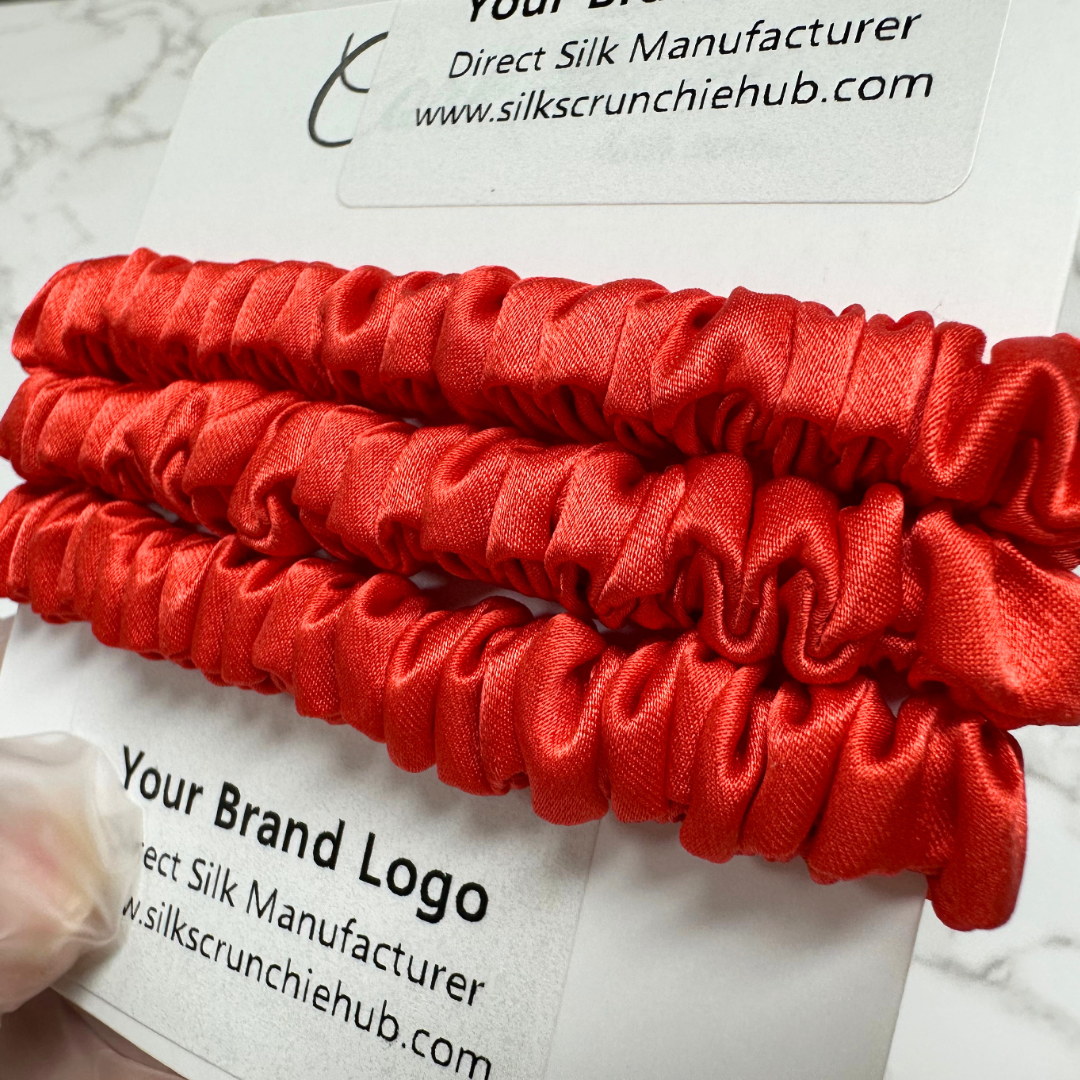Bright Persimmon Skinny Silk Scrunchie custom wholesale, custom brand low MOQ, 1 piece wholesale