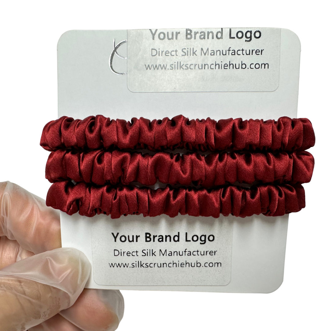 Coke Red Skinny Silk Scrunchie in stock, wholesale silk scrunchie from 1 piece, custom silk scrunchies with logo brand label, low MOQ.