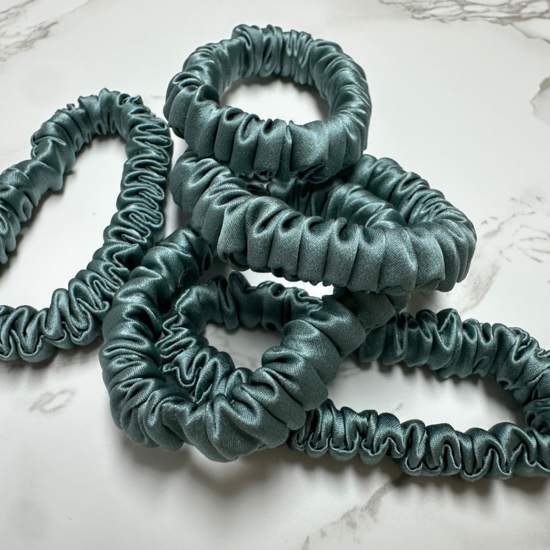 Dark Bamboo Skinny Silk Scrunchie in stock, wholesale silk scrunchie from 1 piece, custom silk scrunchies with logo brand label, low MOQ.