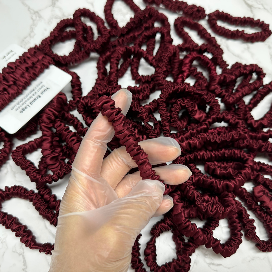 Dark Red Skinny Silk Scrunchie in stock, wholesale silk scrunchie from 1 piece, custom silk scrunchies with logo brand label, low MOQ.