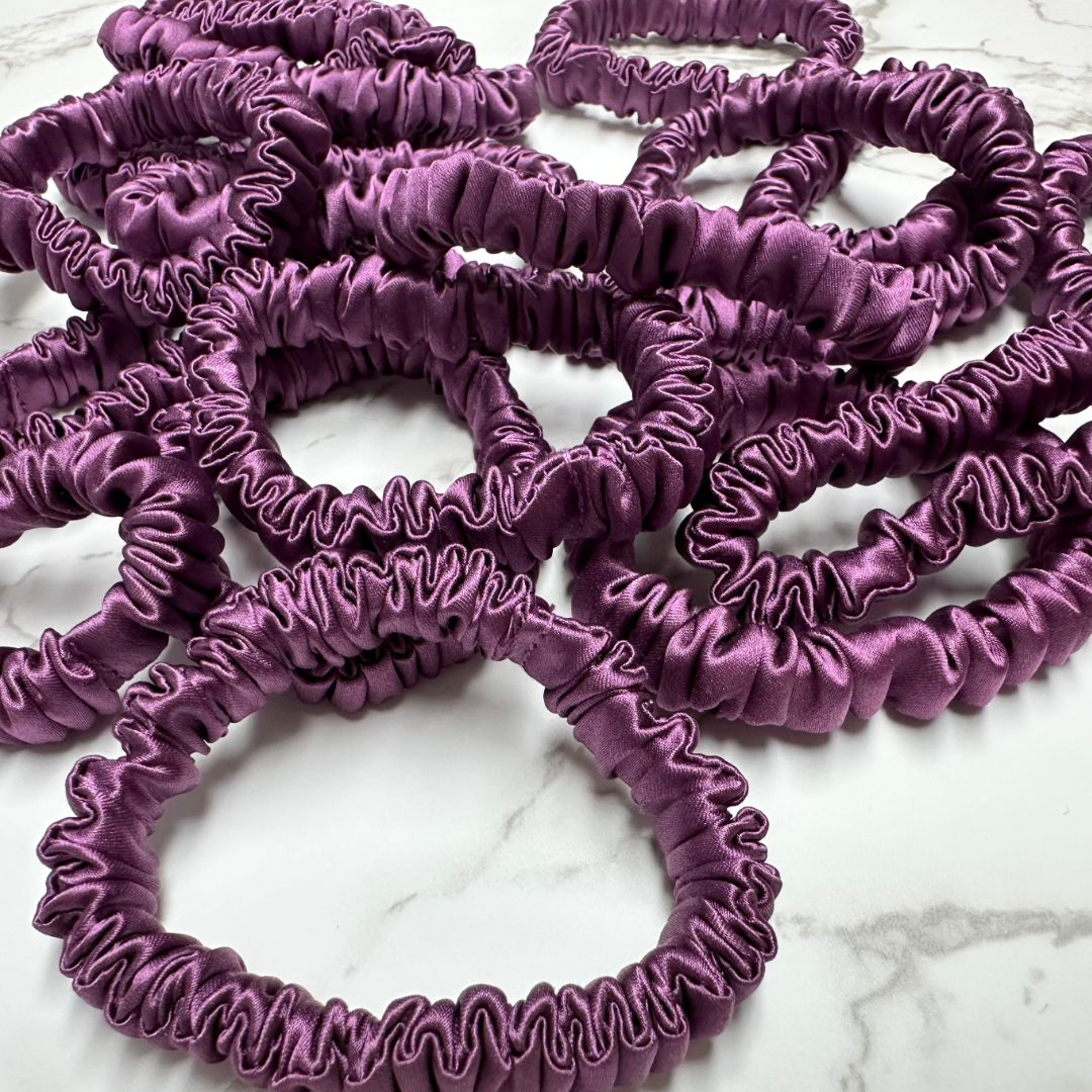Dark Reddish Skinny Silk Scrunchie in stock, wholesale silk scrunchie from 1 piece, custom silk scrunchies with logo brand label, low MOQ.