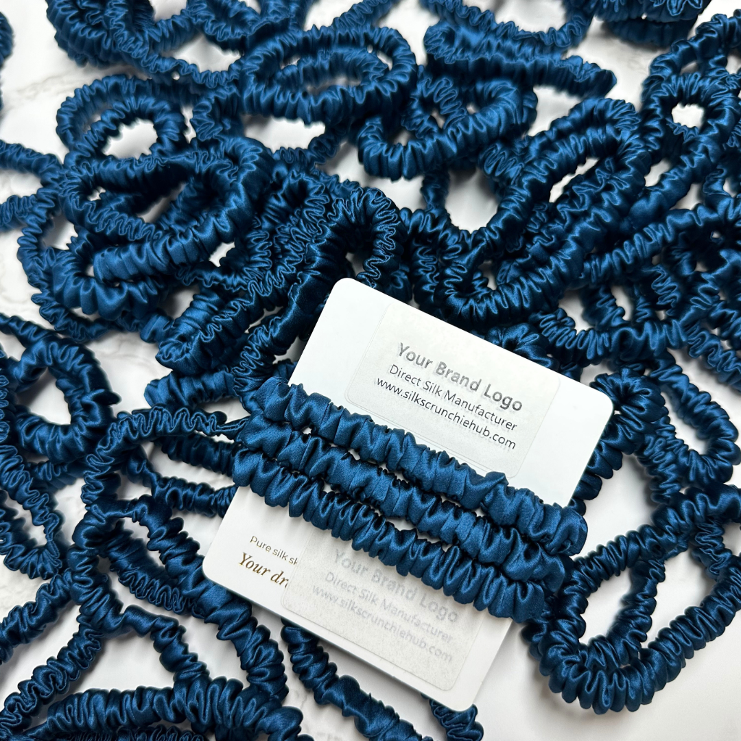 Deep Peacock Blue  Skinny Silk Scrunchie in stock, wholesale silk scrunchie from 1 piece, custom silk scrunchies with logo brand label, low MOQ.