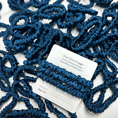 Deep Peacock Blue  Skinny Silk Scrunchie in stock, wholesale silk scrunchie from 1 piece, custom silk scrunchies with logo brand label, low MOQ.