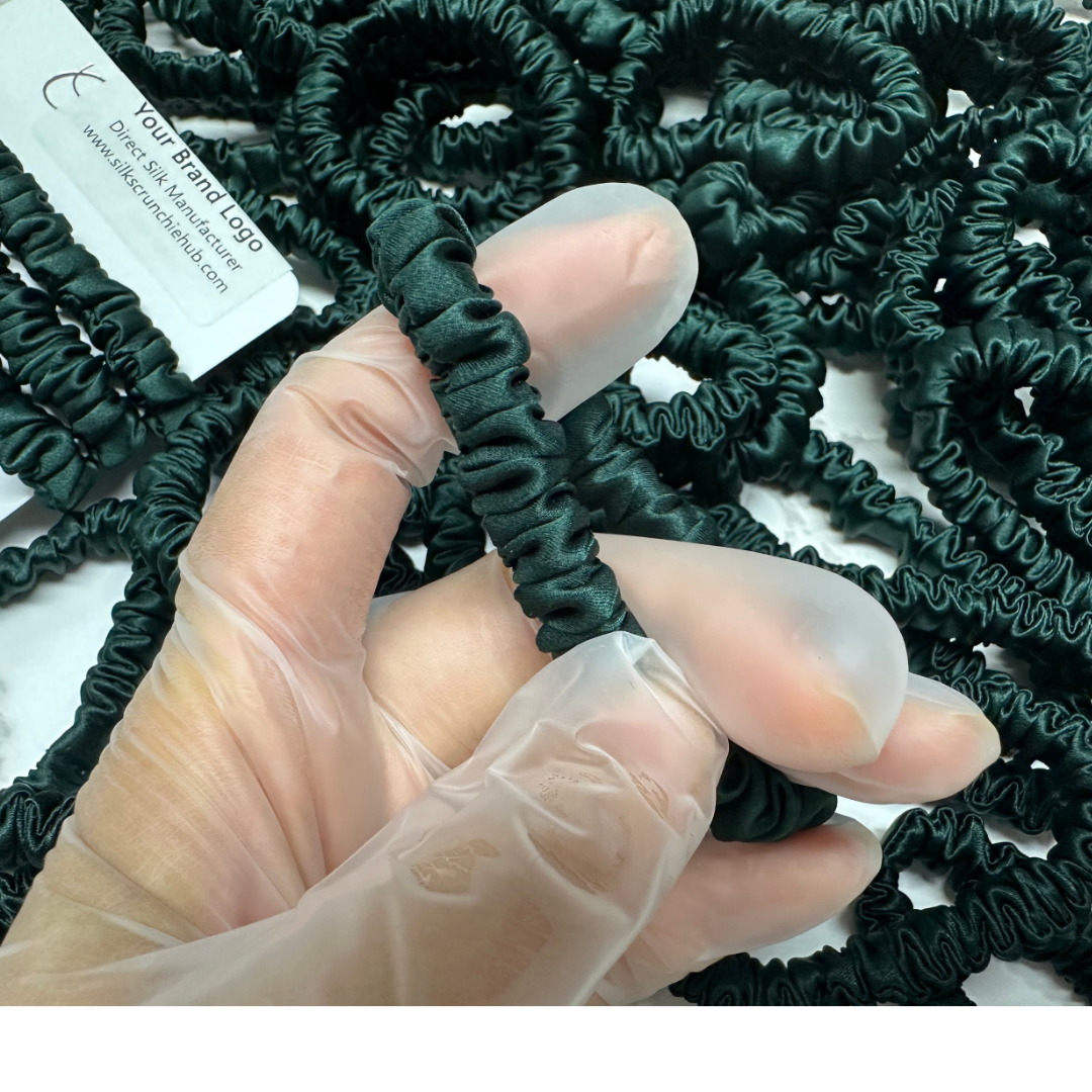 Emerald Green Skinny Silk Scrunchie custom wholesale, custom brand low MOQ, 1 piece wholesale