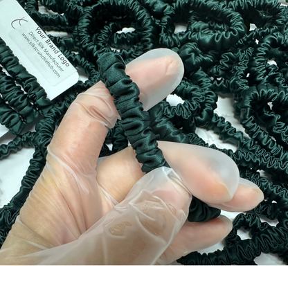 Emerald Green Skinny Silk Scrunchie custom wholesale, custom brand low MOQ, 1 piece wholesale