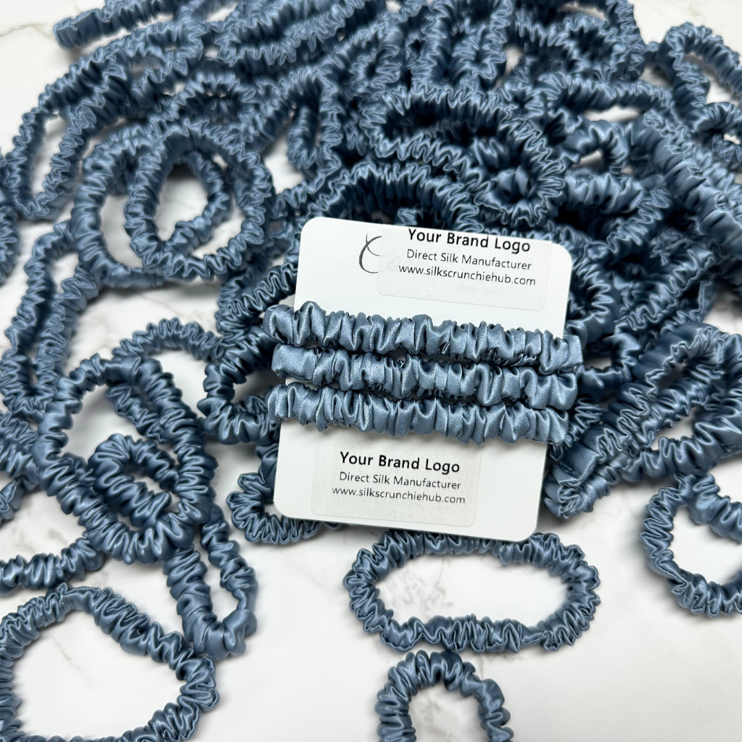Grey Blue Skinny Silk Scrunchie custom wholesale, custom brand low MOQ, 1 piece wholesale