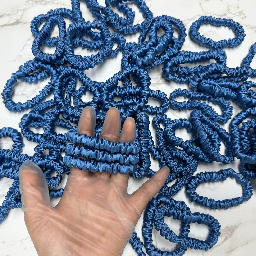 Indigo Blue Skinny Silk Scrunchie in stock, wholesale silk scrunchie from 1 piece, custom silk scrunchies with logo brand label, low MOQ.
