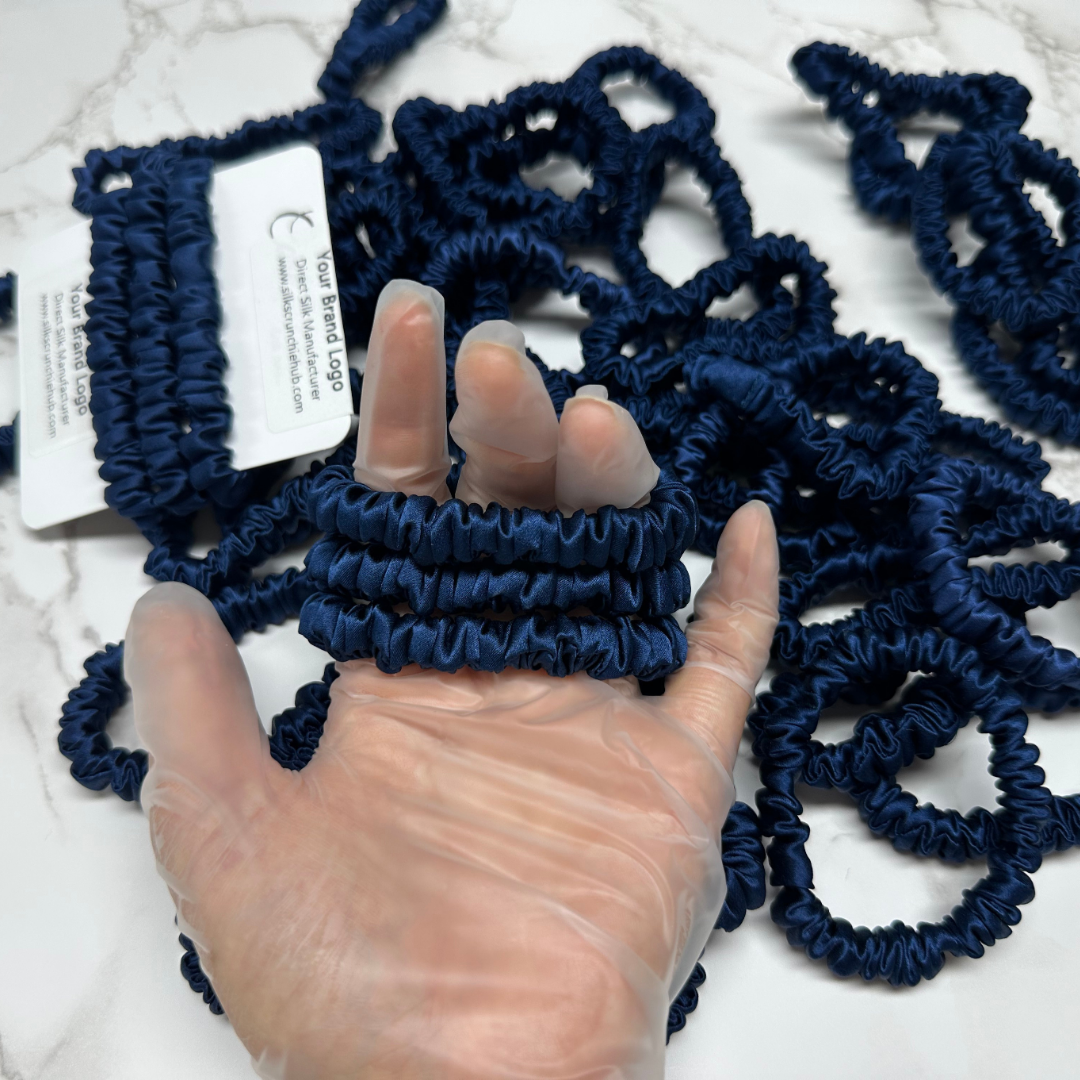 Navy Blue Skinny Silk Scrunchie custom wholesale, custom brand low MOQ, 1 piece wholesale