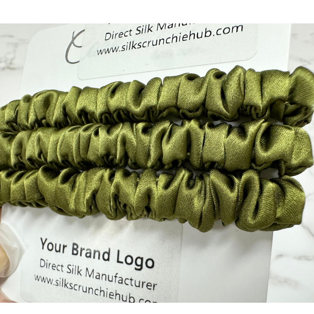 Olive Green Skinny Silk Scrunchie custom wholesale, custom brand low MOQ, 1 piece wholesale