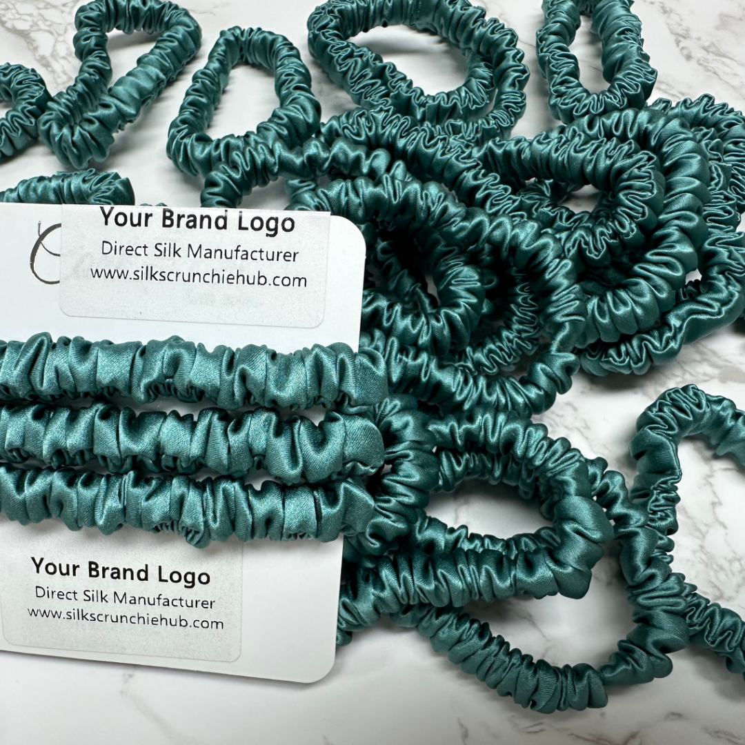 Stone Green Skinny Silk Scrunchie custom wholesale, custom brand low MOQ, 1 piece wholesale