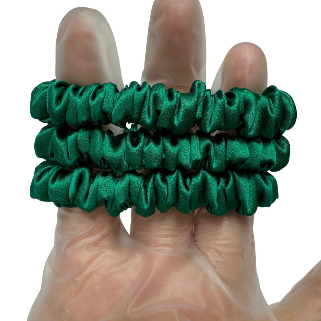 Christmas Green Silk Scrunchie Wholesale from 1 piece, custom silk scrunchies with brand label, low MOQ.