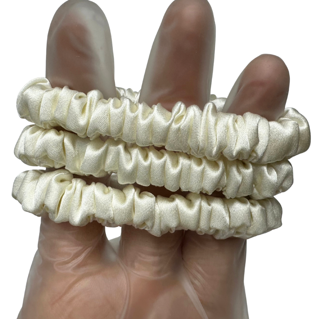 Cream Silk Scrunchie Wholesale from 1 piece, custom silk scrunchies with brand label, low MOQ.
