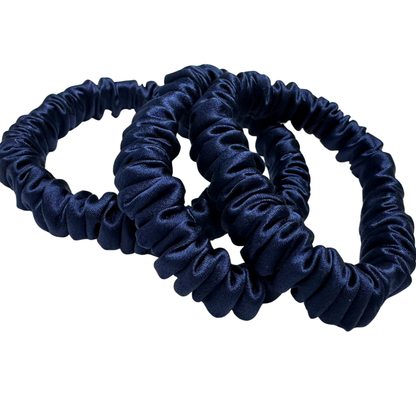 Dark Indigo Skinny Silk Scrunchie Wholesale from 1 piece, custom silk scrunchies with brand label, low MOQ.