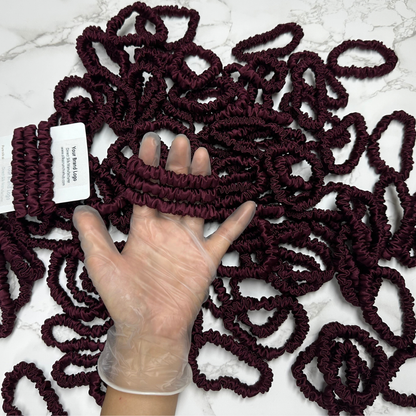 Dark Purple Red Silk Scrunchie Wholesale from 1 piece, custom silk scrunchies with brand label, low MOQ.
