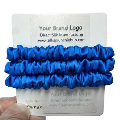 Deep-Bright-Blue Silk Scrunchie Wholesale from 1 piece, custom silk scrunchies with brand label, low MOQ.