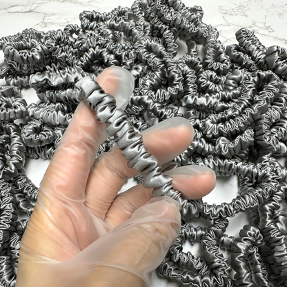 Middle Grey Silk Scrunchie Wholesale from 1 piece, custom silk scrunchies with brand label, low MOQ.