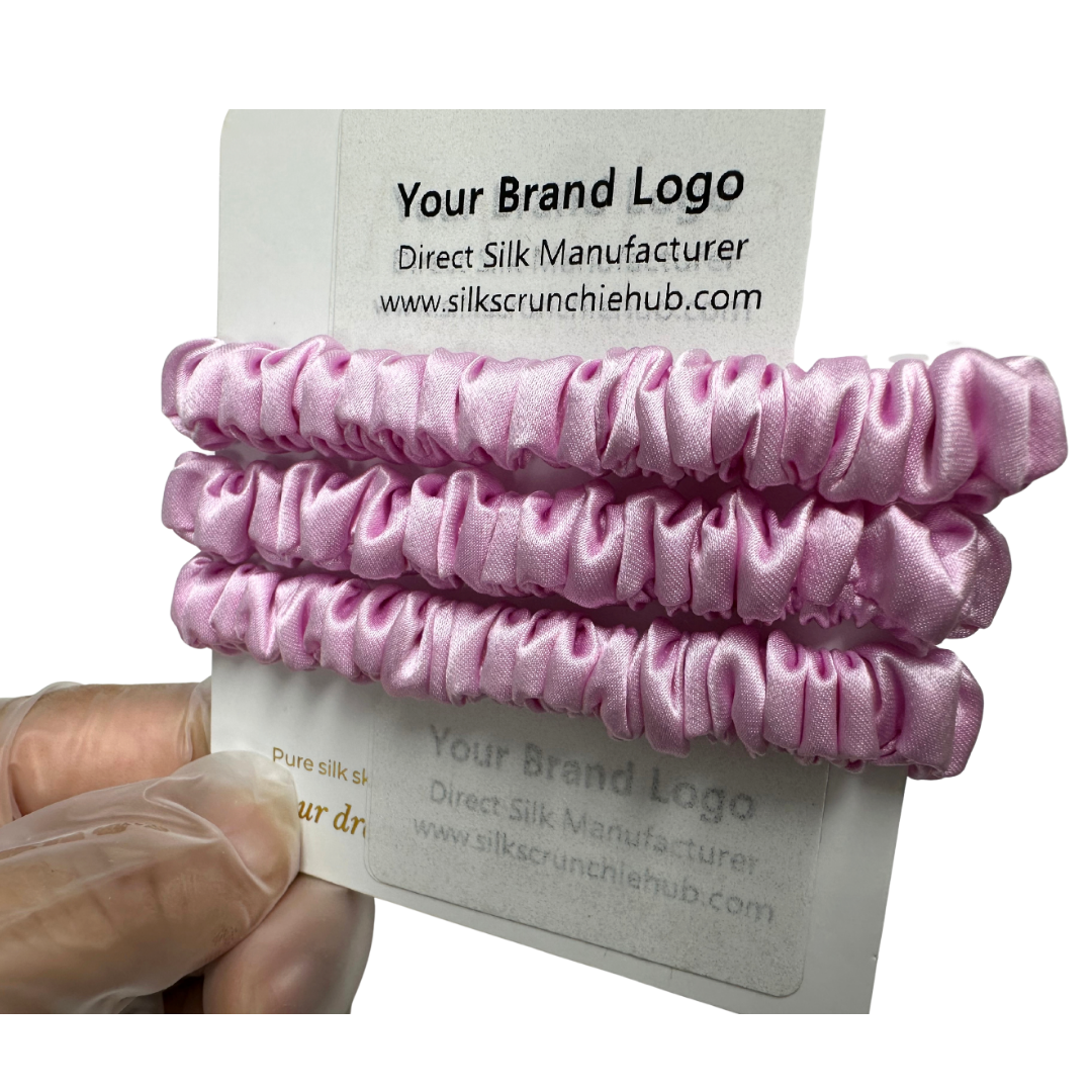 Sakura Skinny Silk Scrunchie Wholesale from 1 piece, custom silk scrunchies with brand label, low MOQ.