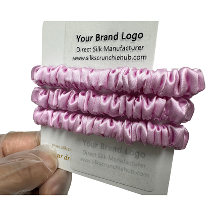 Sakura Skinny Silk Scrunchie Wholesale from 1 piece, custom silk scrunchies with brand label, low MOQ.