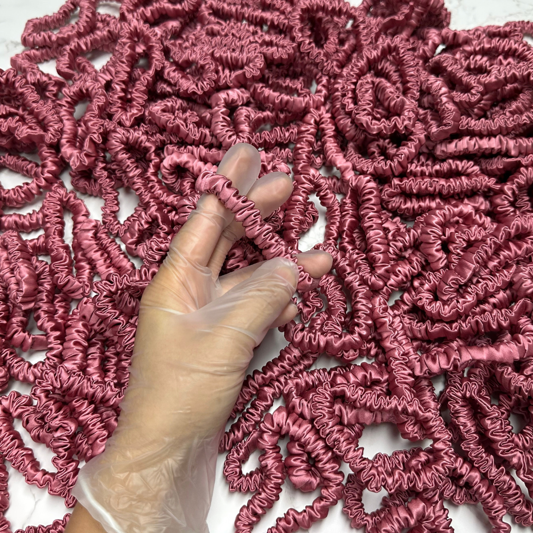 Silver Red Silk Scrunchie Wholesale from 1 piece, custom silk scrunchies with brand label, low MOQ.