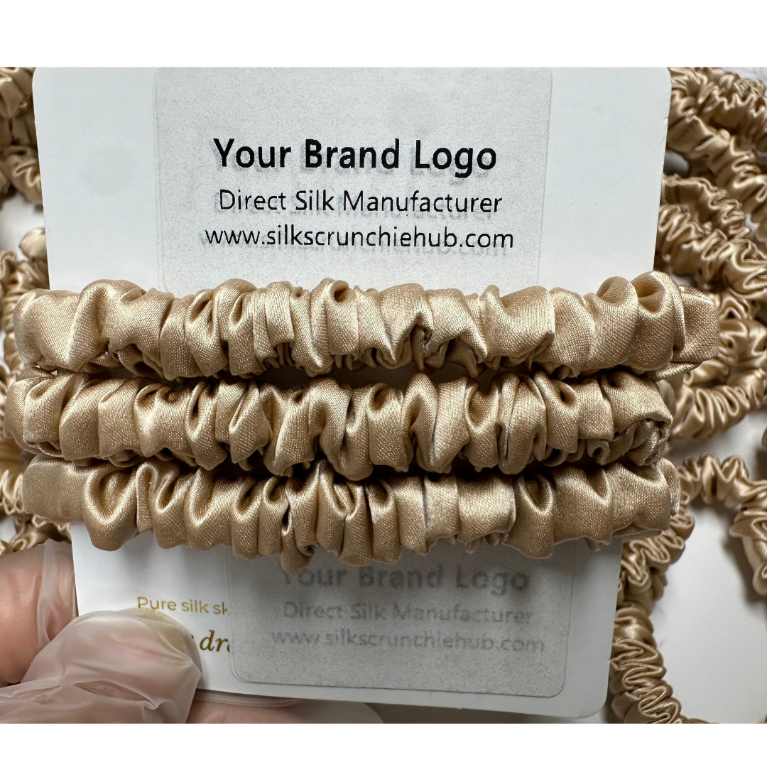 Beige Skinny Silk Scrunchie Wholesale from 1 piece, custom silk scrunchie with brand logo low MOQ.