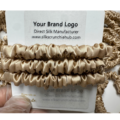 Beige Skinny Silk Scrunchie Wholesale from 1 piece, custom silk scrunchie with brand logo low MOQ.