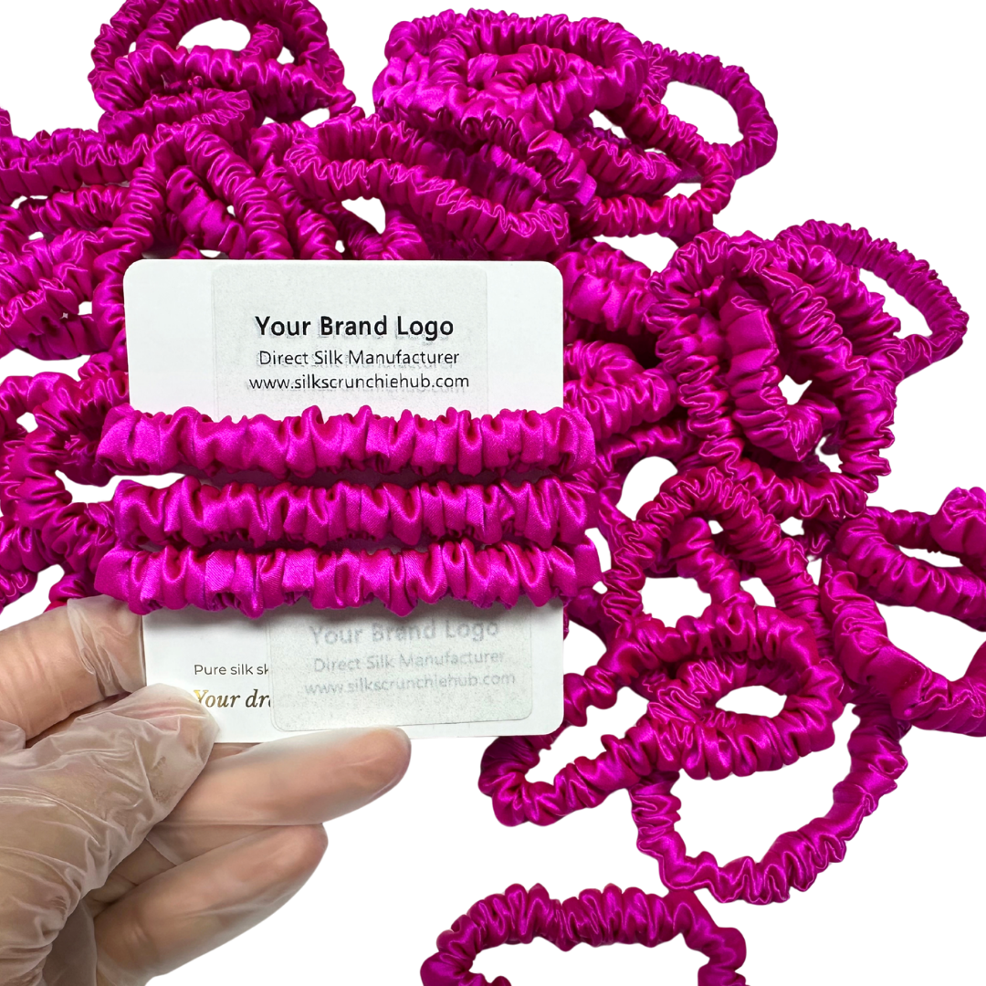 Bright Pink Skinny Silk Scrunchie Wholesale from 1 piece, custom silk scrunchie with brand logo low MOQ.