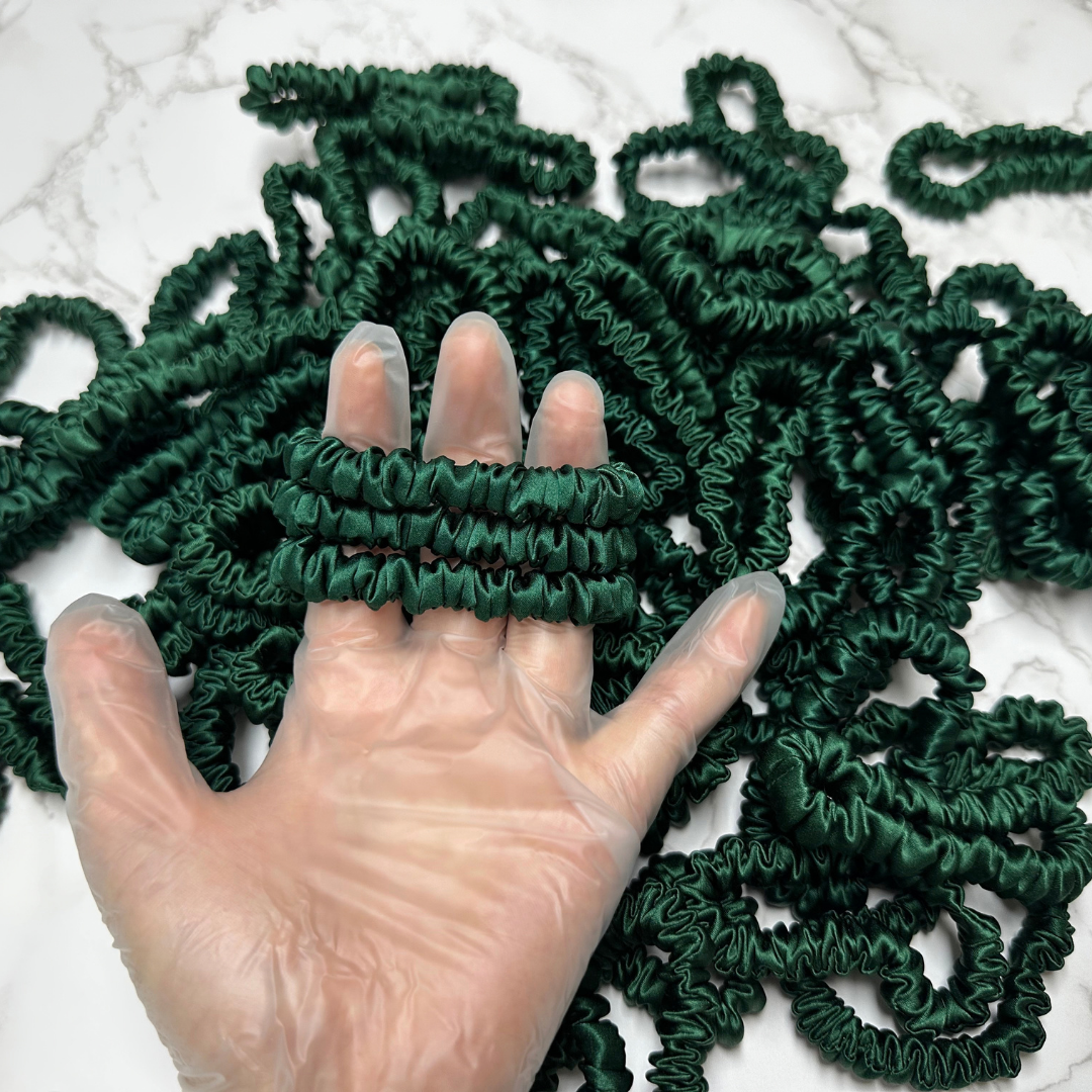 Dark Green Skinny Silk Scrunchie Wholesale from 1 piece, custom silk scrunchie with brand logo low MOQ.