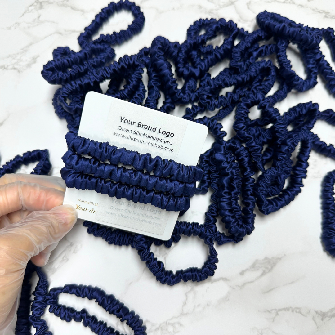 Deep Dark Blue Skinny Silk Scrunchie Wholesale from 1 piece, custom silk scrunchie with brand logo low MOQ.