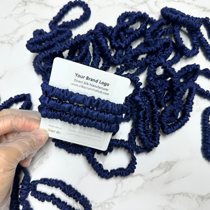 Deep Dark Blue Skinny Silk Scrunchie Wholesale from 1 piece, custom silk scrunchie with brand logo low MOQ.