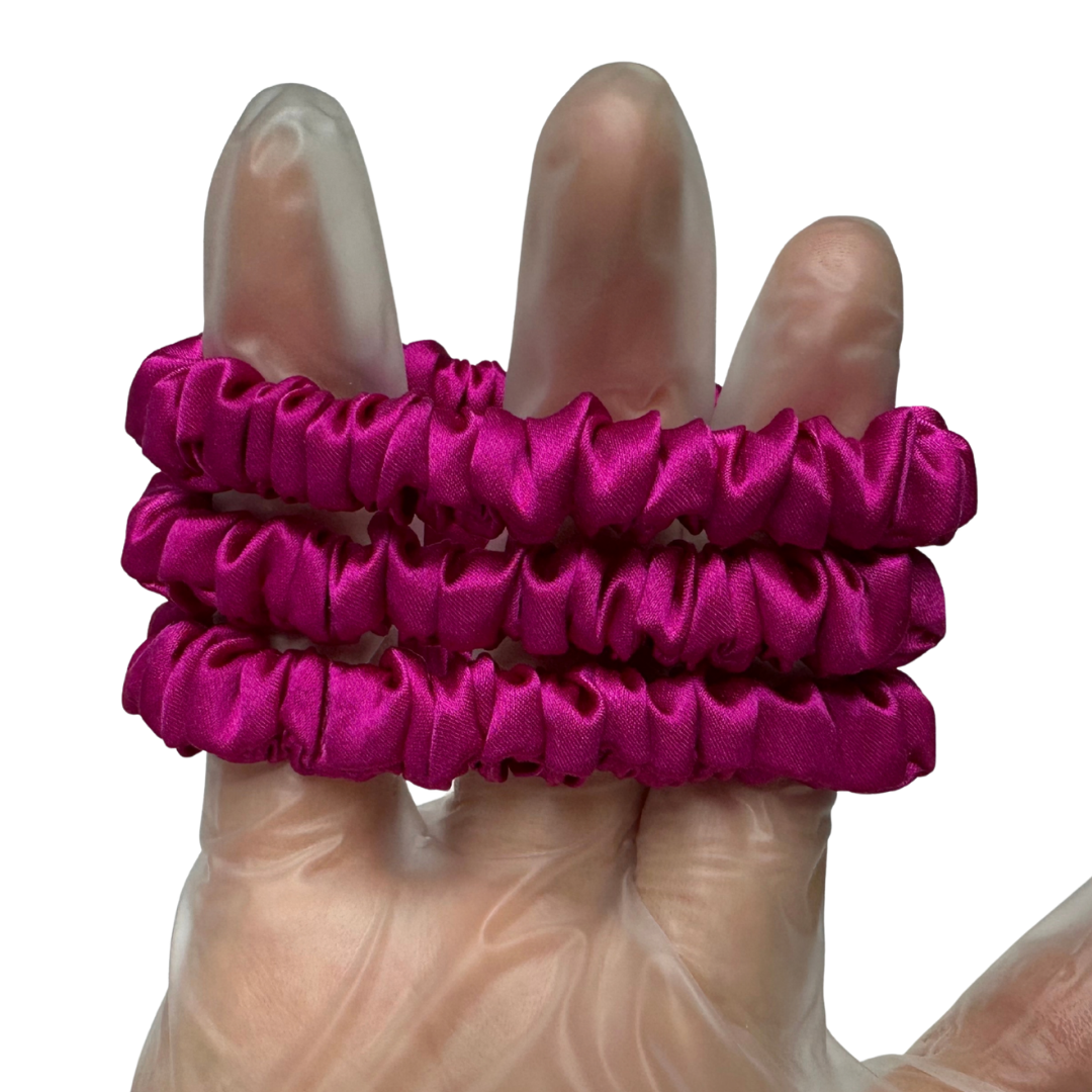 Deep Rose Pink Skinny Silk Scrunchie Wholesale from 1 piece, custom silk scrunchie with brand logo low MOQ.