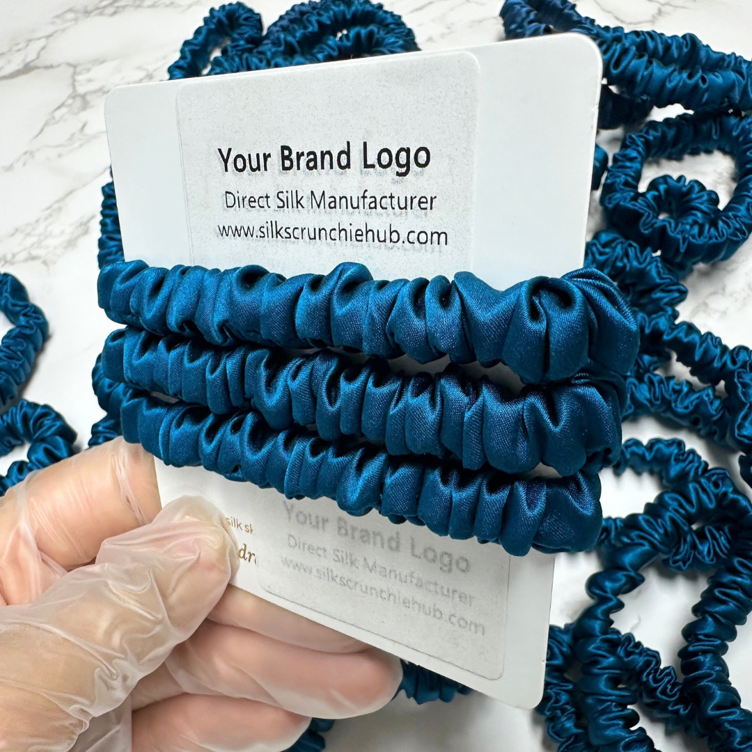 Peacock Blue Skinny Silk Scrunchie Wholesale from 1 piece, custom silk scrunchie with brand logo low MOQ.