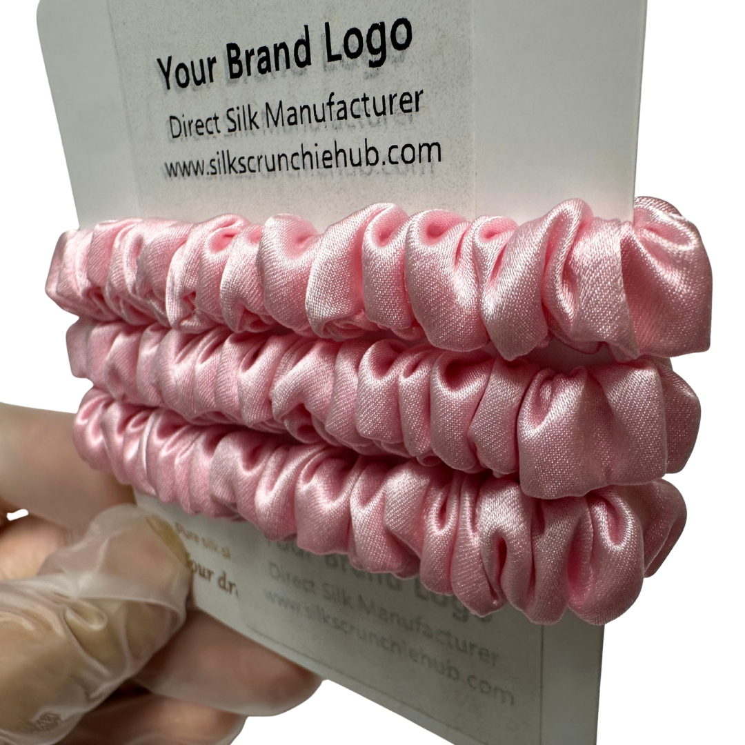Pink Skinny Silk Scrunchie Wholesale from 1 piece, custom silk scrunchie with brand logo low MOQ.