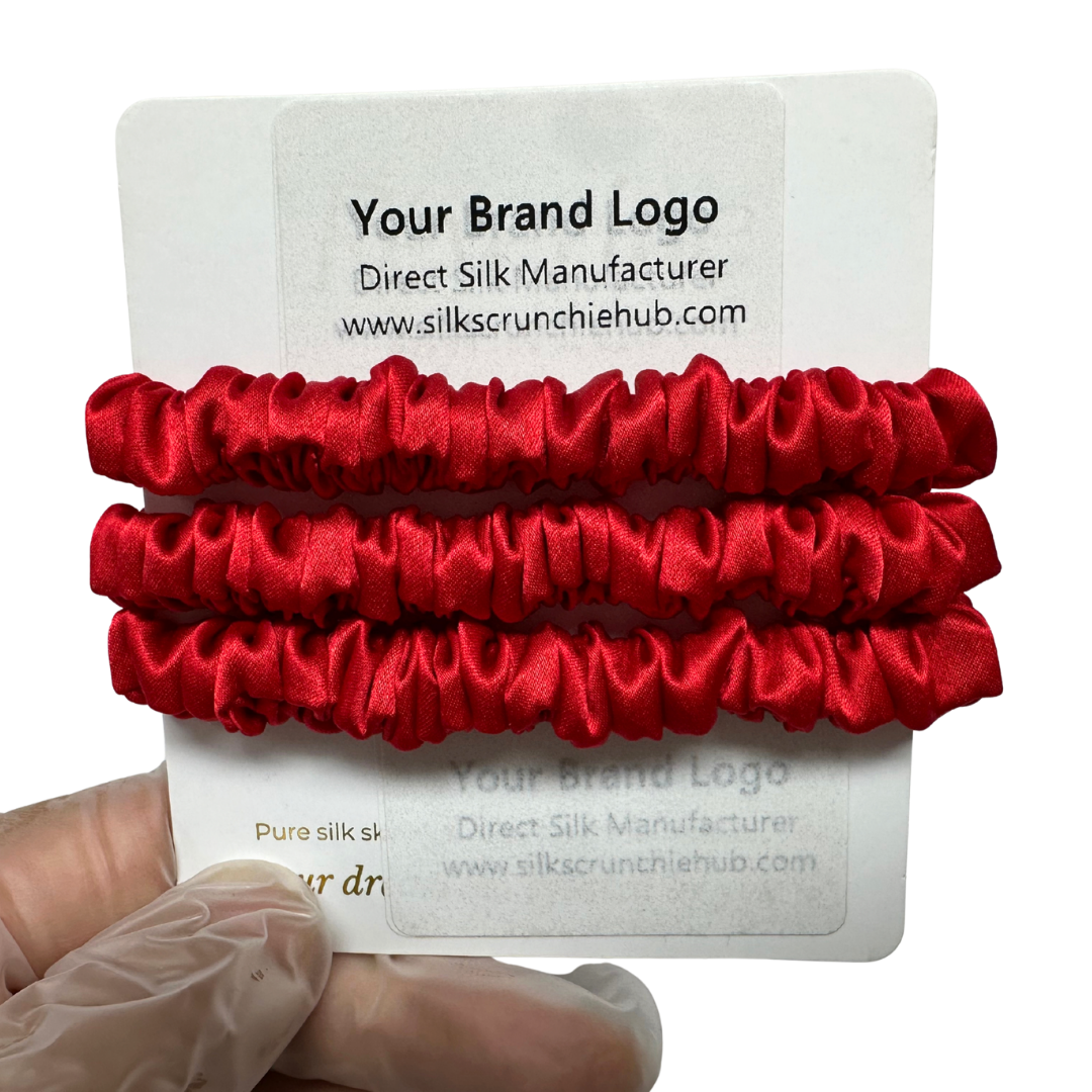 Pomegranate Red Skinny Silk Scrunchie Wholesale from 1 piece, custom silk scrunchie with brand logo low MOQ.