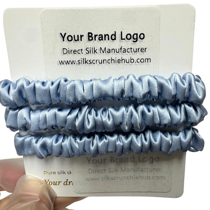 Sky Blue Skinny Silk Scrunchie Wholesale from 1 piece, custom silk scrunchie with brand logo low MOQ.