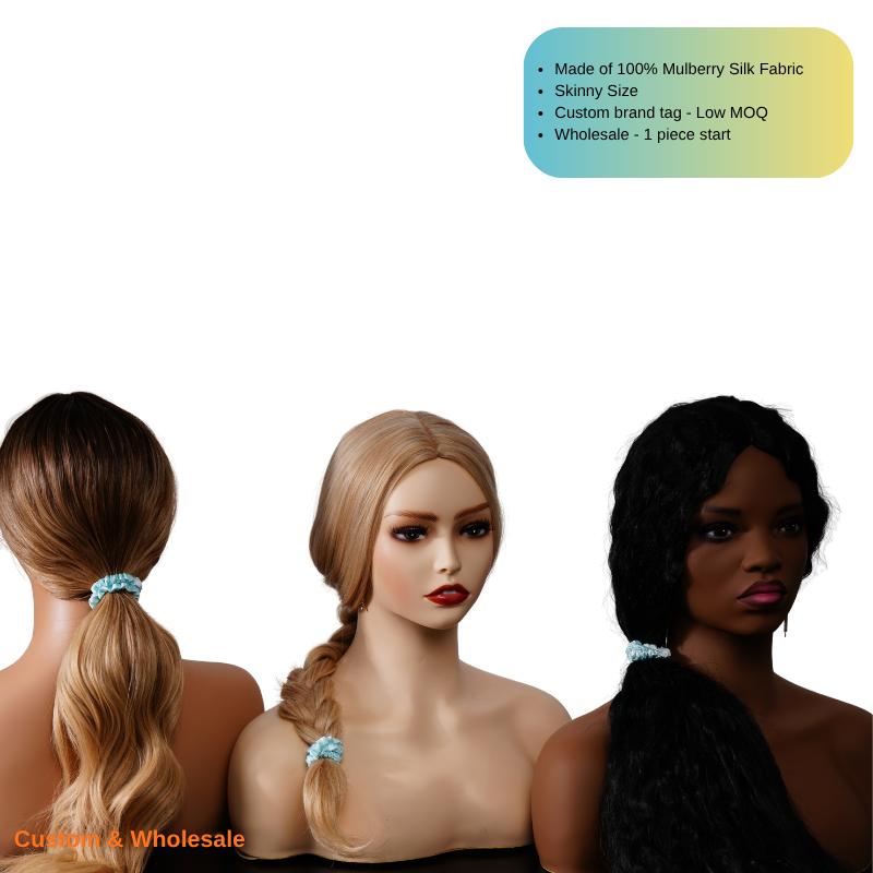 private label aqua blue skinny silk scrunchie custom packaging