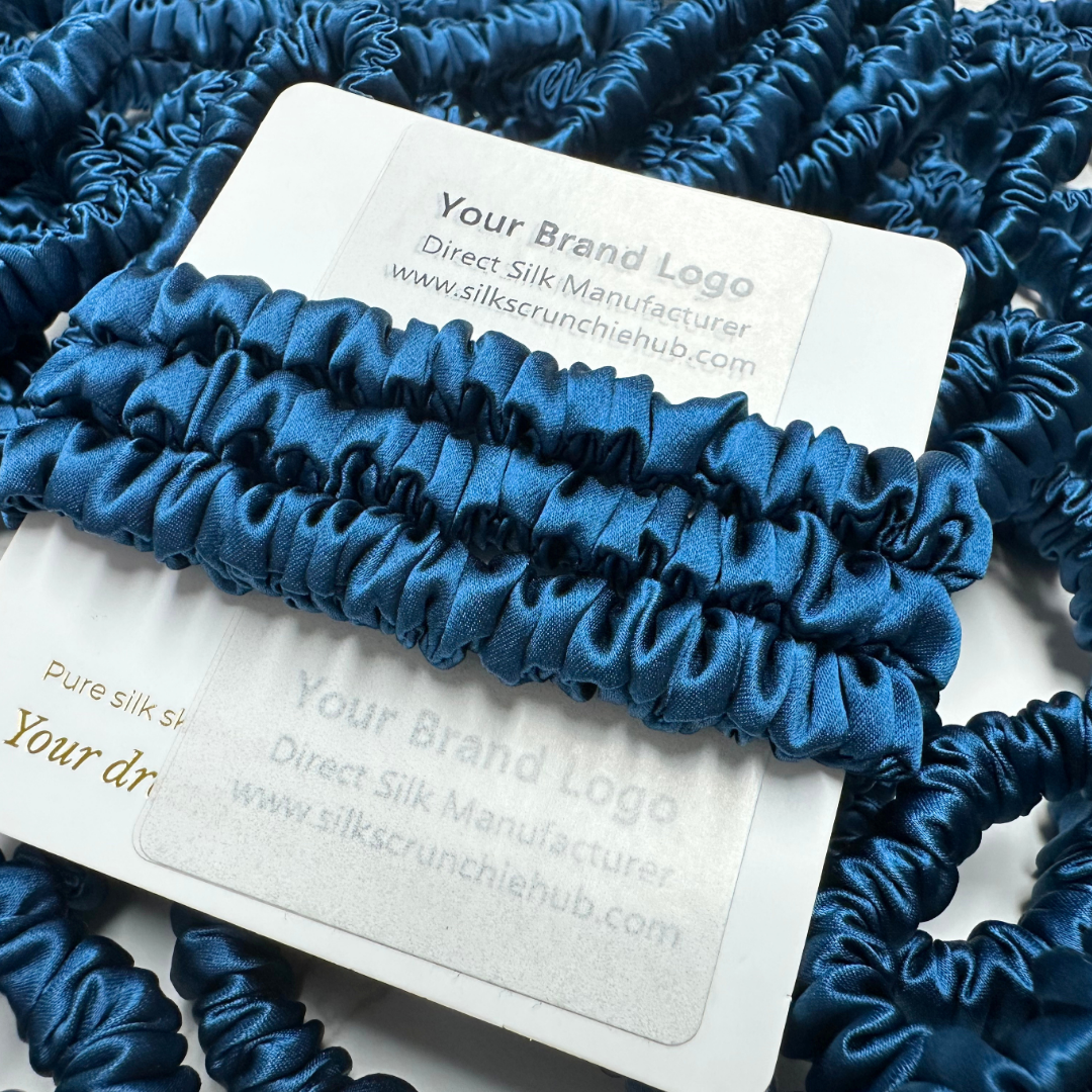 Deep Peacock Blue  Skinny Silk Scrunchie in stock, wholesale silk scrunchie from 1 piece, custom silk scrunchies with logo brand label, low MOQ.