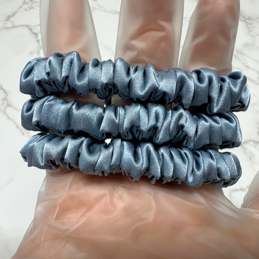 Grey Blue Skinny Silk Scrunchie custom wholesale, custom brand low MOQ, 1 piece wholesale