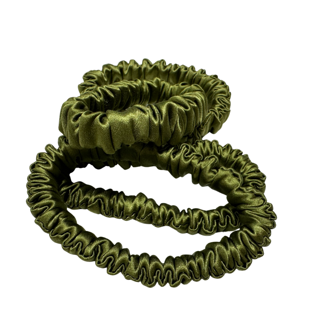 Olive Green Skinny Silk Scrunchie custom wholesale, custom brand low MOQ, 1 piece wholesale