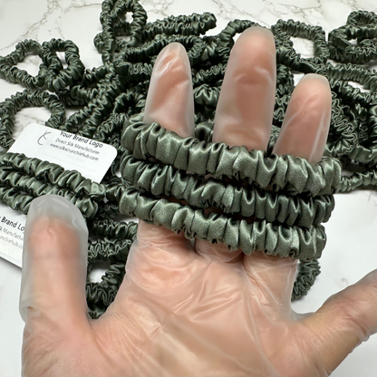 Deep Sage Silk Scrunchie Skinny custom wholesale, custom brand low MOQ, 1 piece wholesale