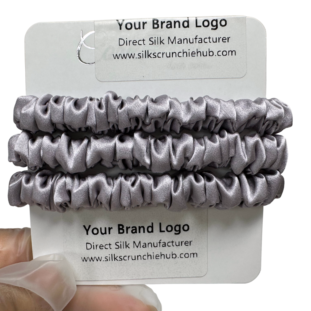 Grey Purple Skinny Silk Scrunchie custom wholesale, custom brand low MOQ, 1 piece wholesale