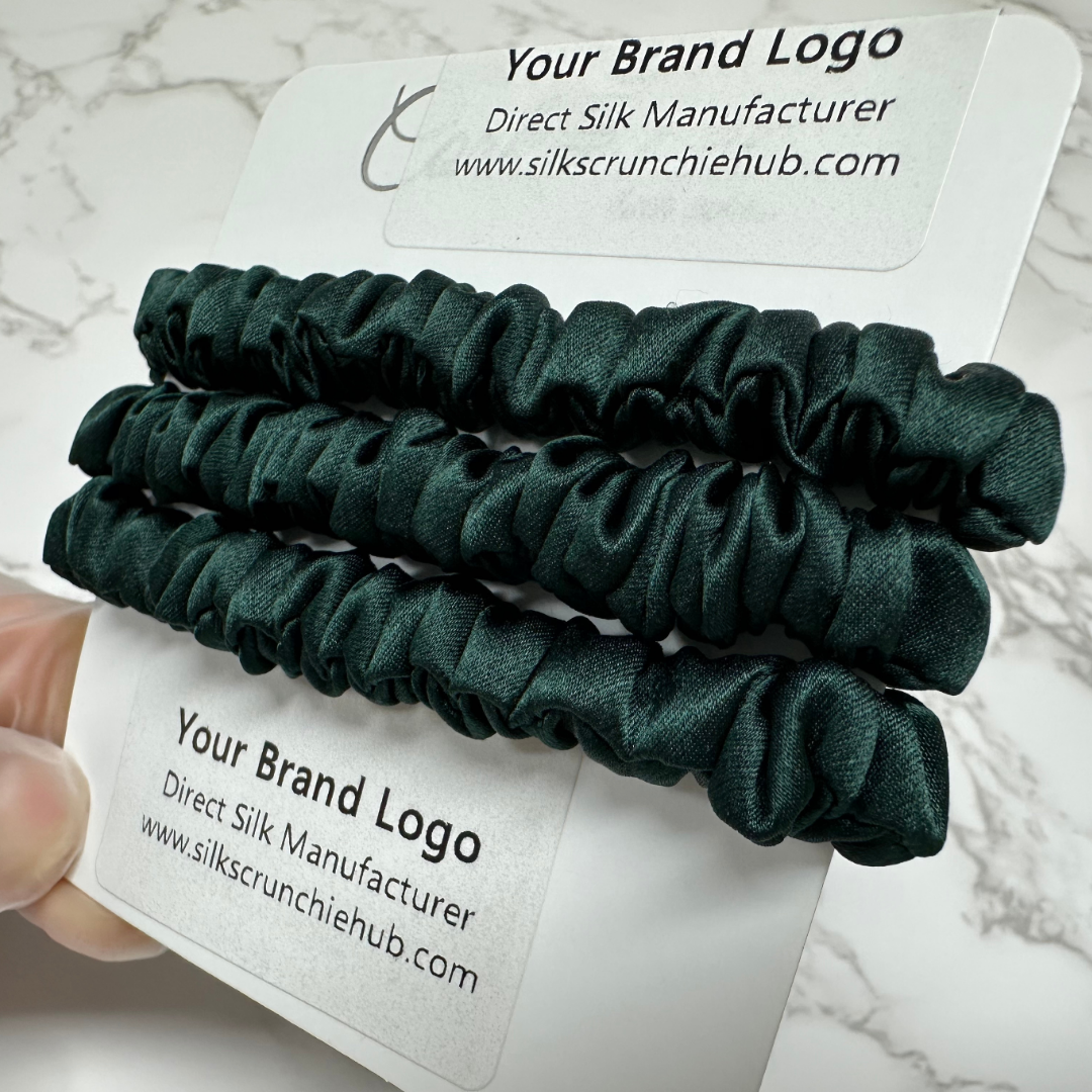 Emerald Green Skinny Silk Scrunchie custom wholesale, custom brand low MOQ, 1 piece wholesale