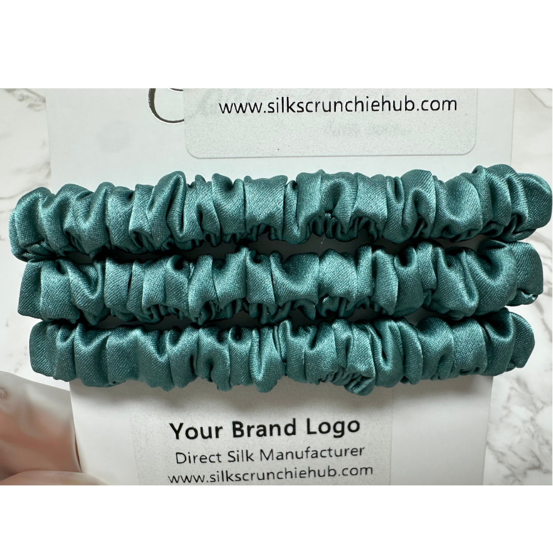 Stone Green Skinny Silk Scrunchie custom wholesale, custom brand low MOQ, 1 piece wholesale