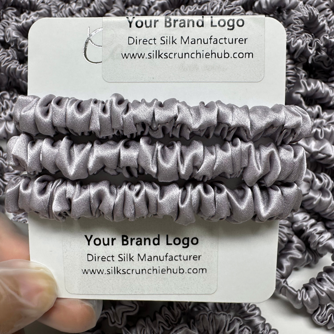 Grey Purple Skinny Silk Scrunchie custom wholesale, custom brand low MOQ, 1 piece wholesale