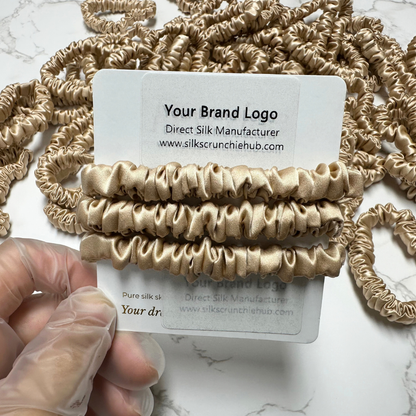 Beige Skinny Silk Scrunchie Wholesale from 1 piece, custom silk scrunchie with brand logo low MOQ.