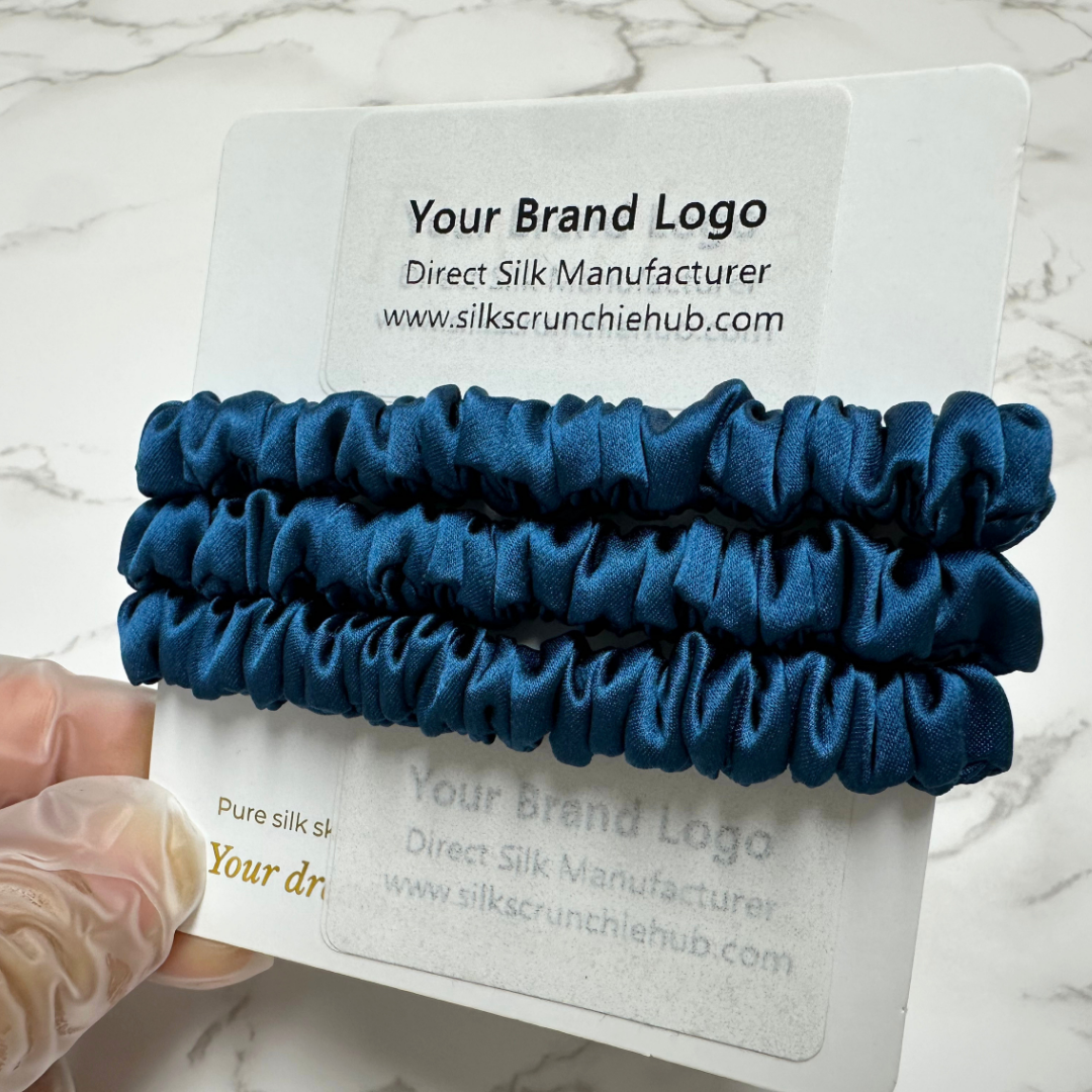 Deep Peacock Blue  Skinny Silk Scrunchie in stock, wholesale silk scrunchie from 1 piece, custom silk scrunchies with logo brand label, low MOQ.
