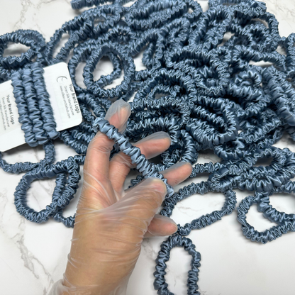 Grey Blue Skinny Silk Scrunchie custom wholesale, custom brand low MOQ, 1 piece wholesale