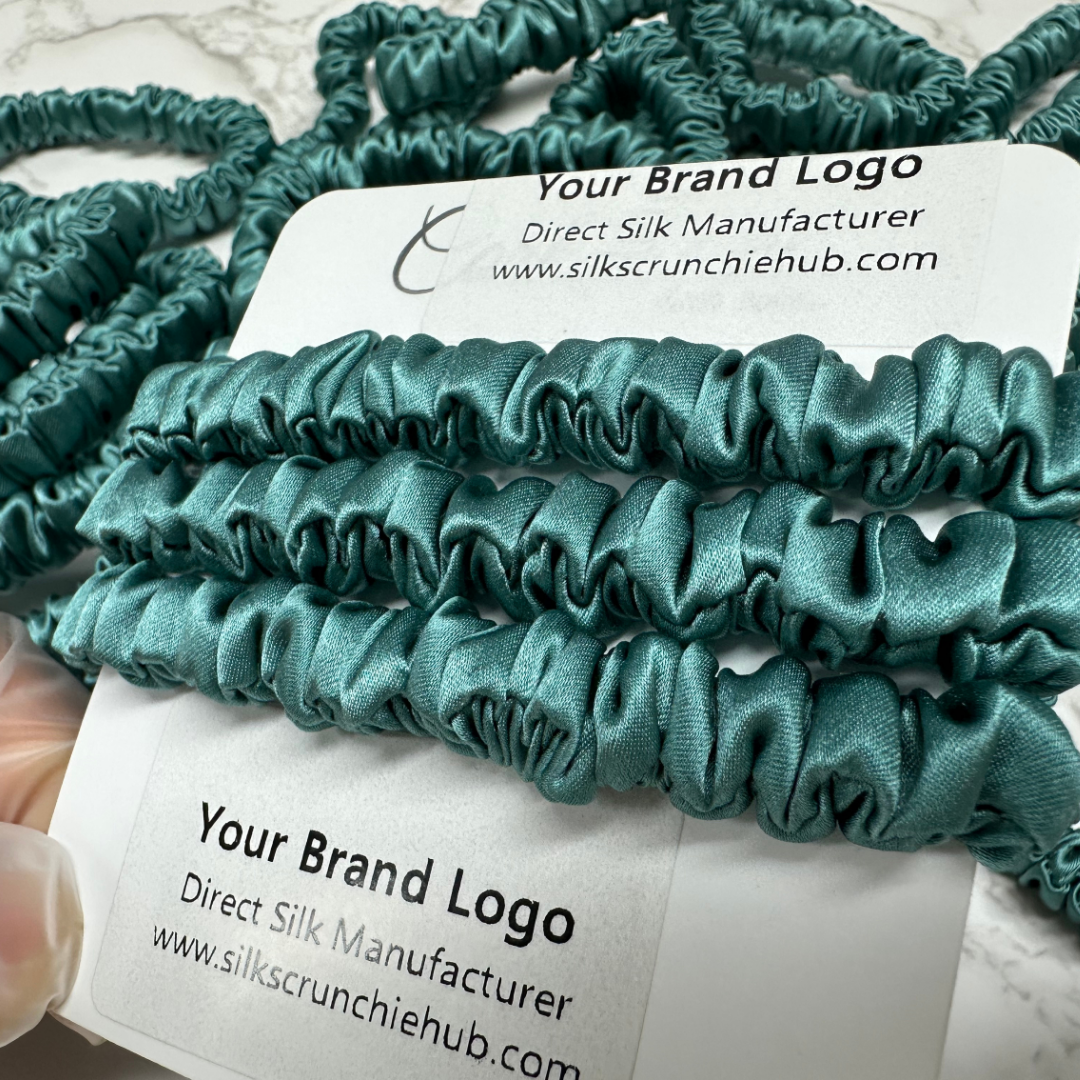 Stone Green Skinny Silk Scrunchie custom wholesale, custom brand low MOQ, 1 piece wholesale